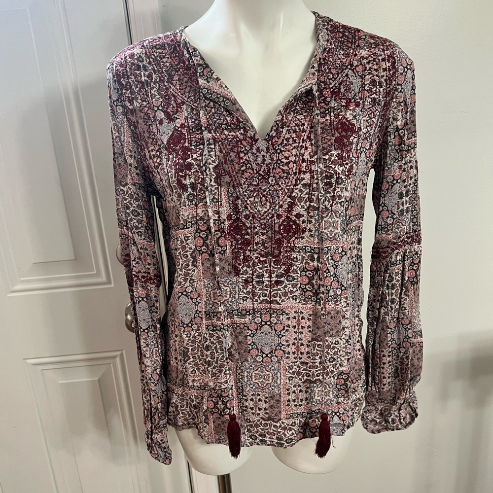 Knox Rose Boho Blouse - Burgundy and Taupe